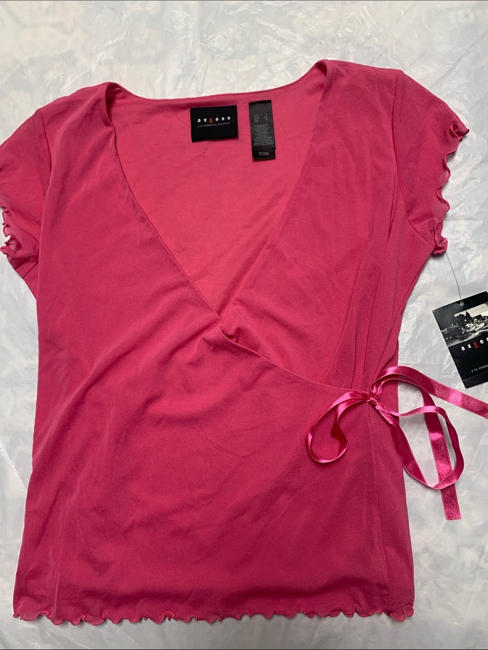 Liz Claiborne Vintage Y2K Pink Ruffle Trim Mesh V Neck Faux Wrap Top Sz S NWT
